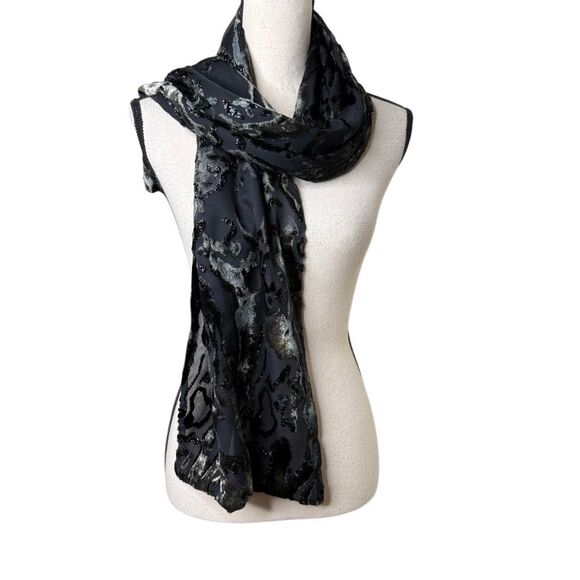 Italian Black & Tan Silk Velvet Burnout Scarf, Fairy Grunge, Gala - Picture 2 of 10